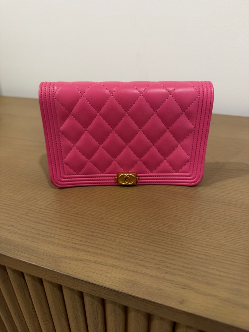 CHANEL Pink Quilted Boy Wallet with Gold CC Lock